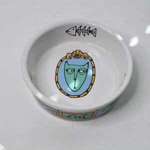 Ursula Dodge Signature Housewares Cat Bowl Stoneware Fish Bone Blue White 5 inch